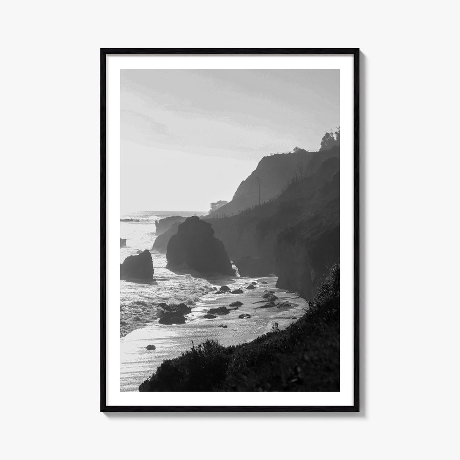 Malibu no. 2 black & white photo poster of California, USA – vertical wall art, unframed print shown in interior mockup
