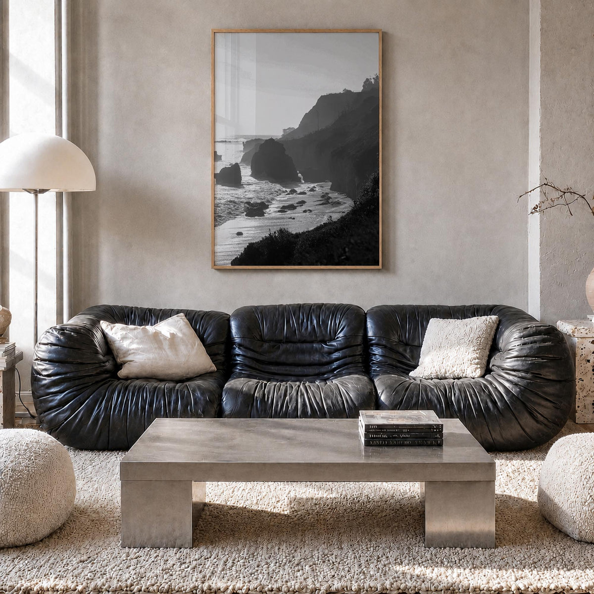 Malibu no. 2 black & white photo poster of California, USA – vertical wall art in natural wood frame, hanging on wall