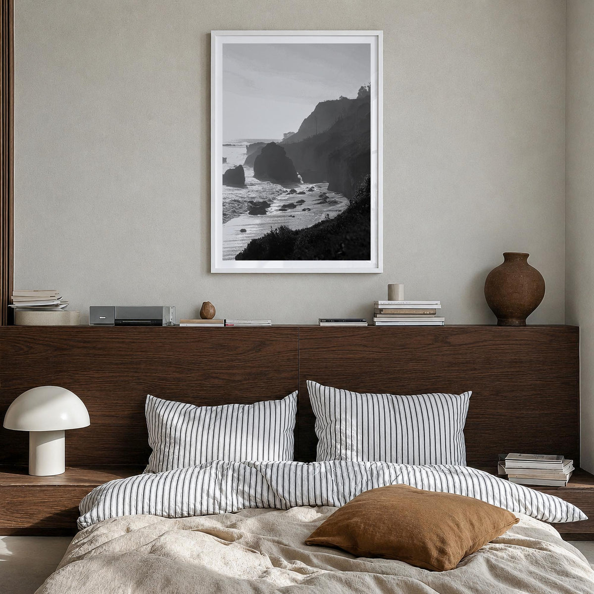 Malibu no. 2 black & white photo poster of California, USA – vertical wall art in white wood frame with white border, hanging