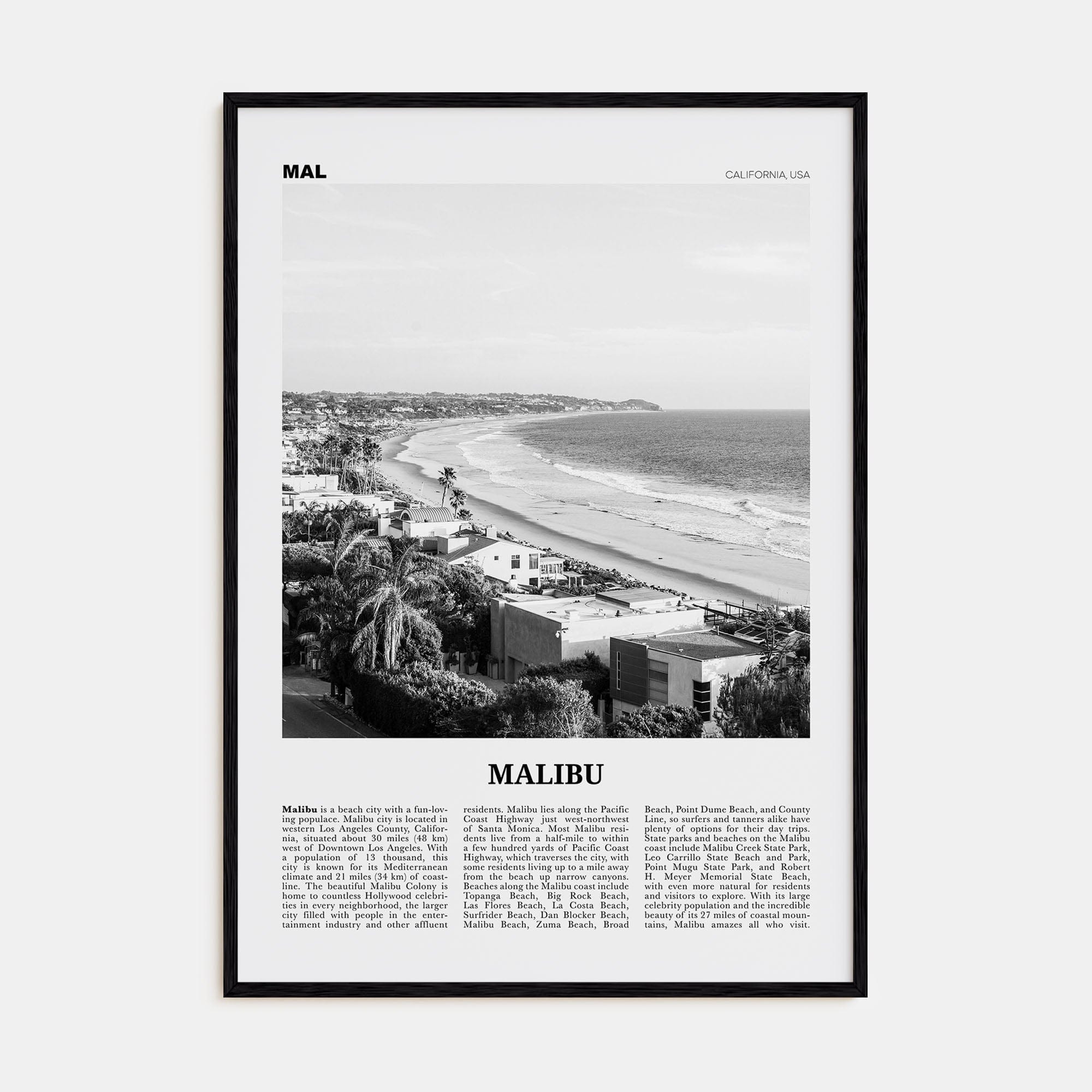 Malibu No 2 Poster Black Wood / 8x12 in Nbourhood Travel B&W Poster