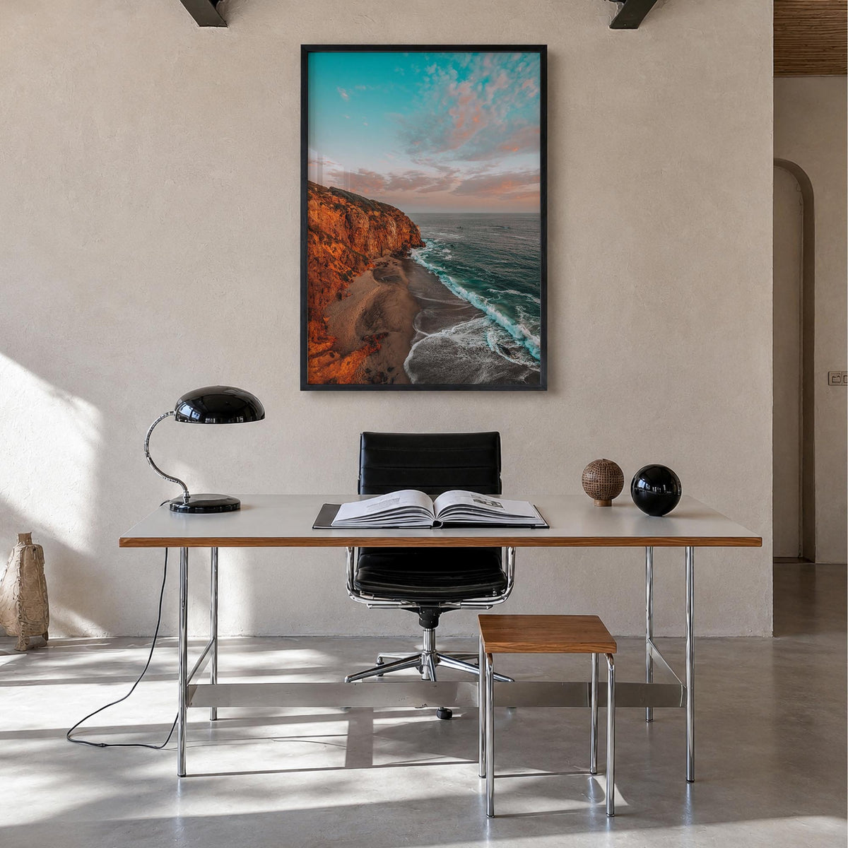 Malibu no. 3 colorful photo poster of California, USA – vertical wall art in black wood frame, hanging on wall