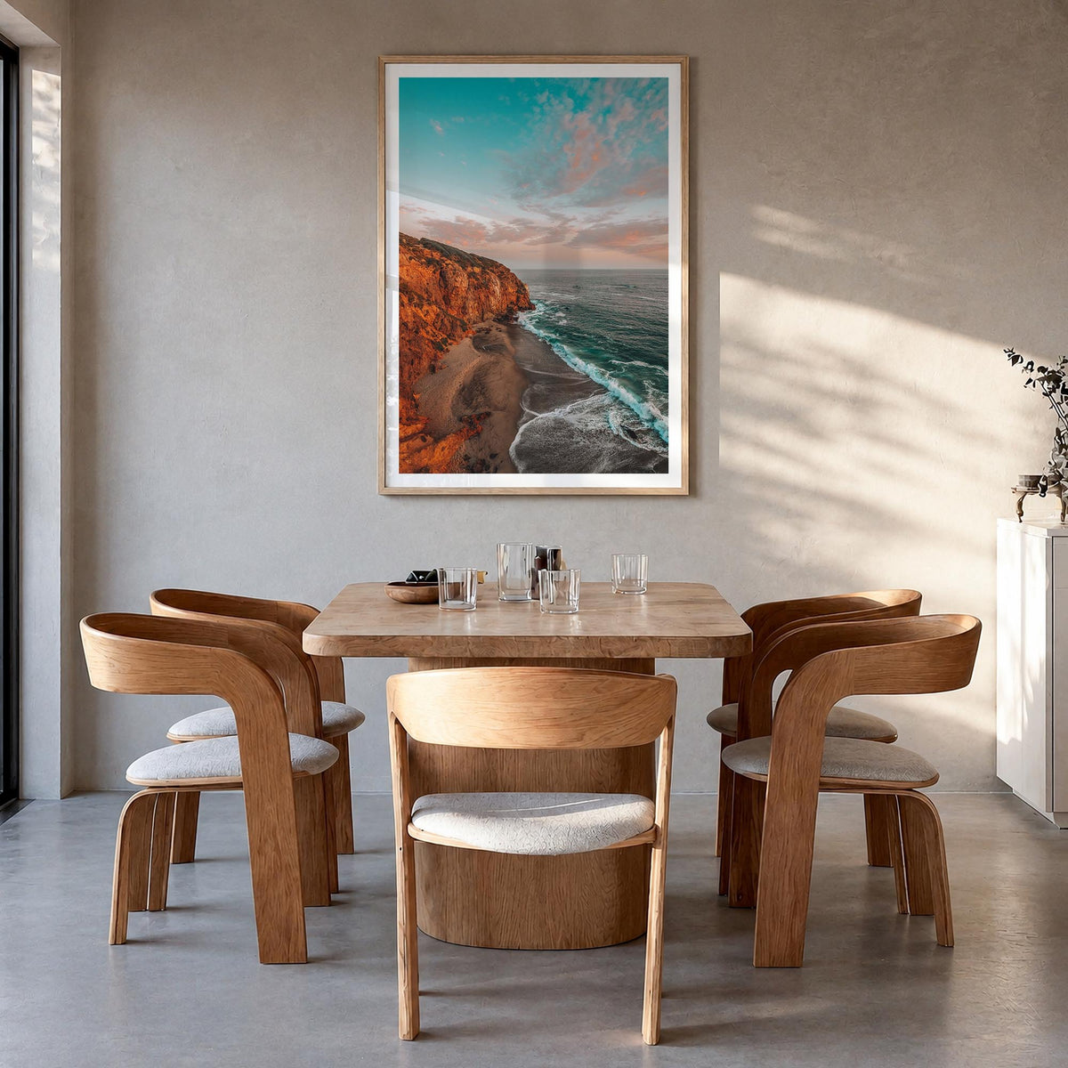 Malibu no. 3 colorful photo poster of California, USA – vertical wall art in natural wood frame with white border, hanging on