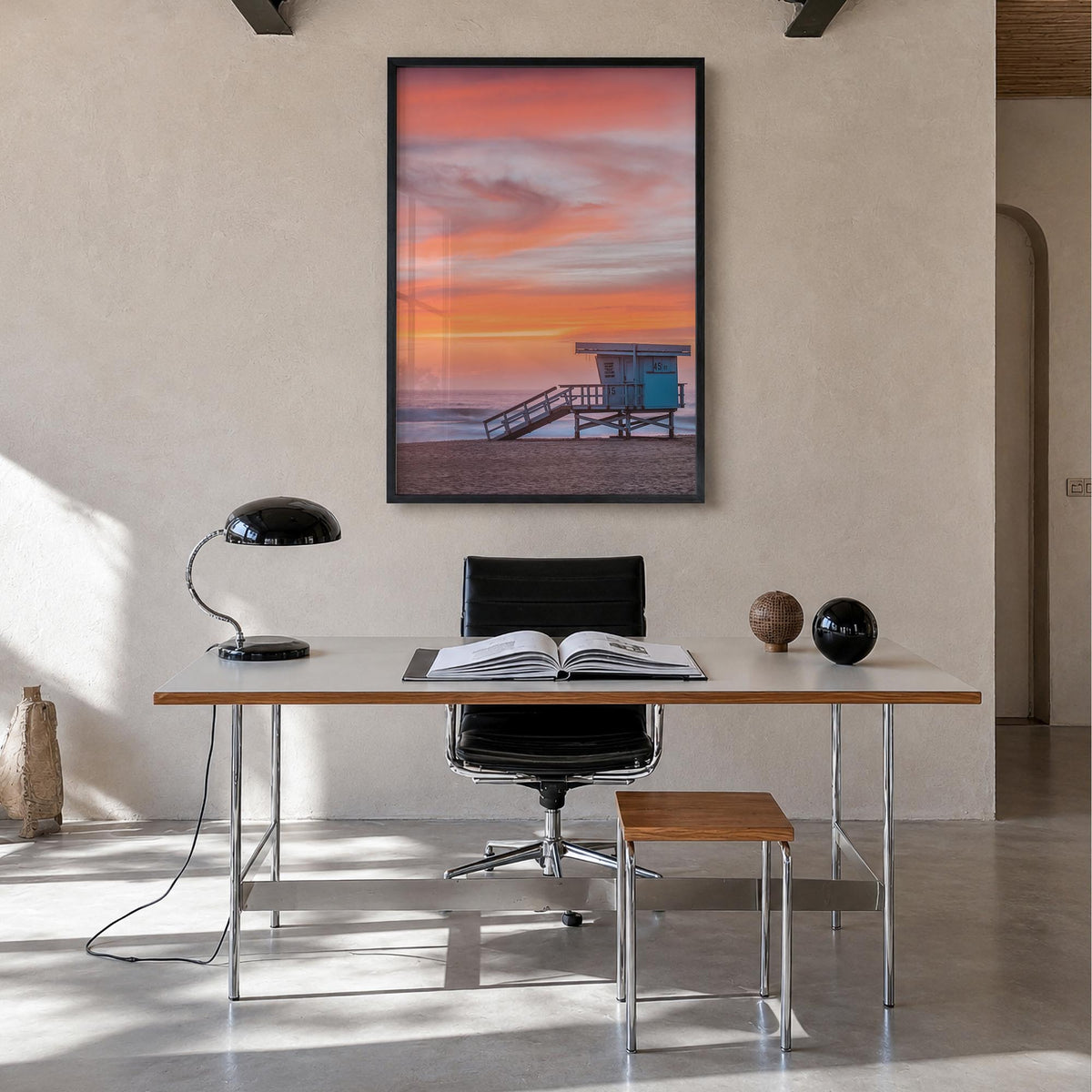 Malibu no. 4 colorful photo poster of California, USA – vertical wall art in black wood frame, hanging on wall