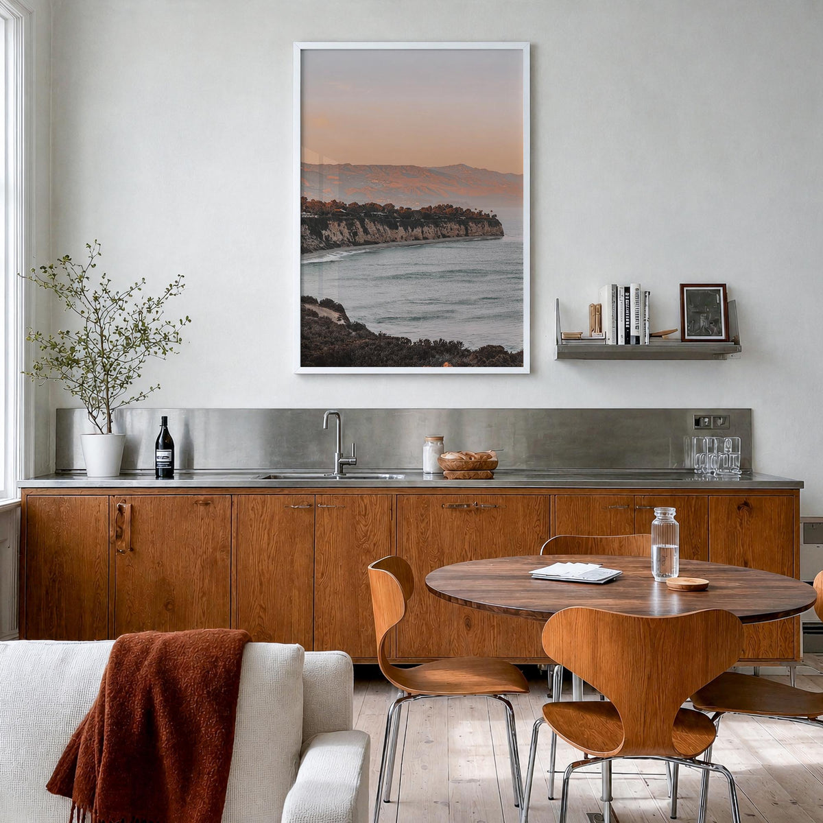 Malibu no. 5 colorful photo poster of California, USA – vertical wall art in white wood frame, hanging on wall
