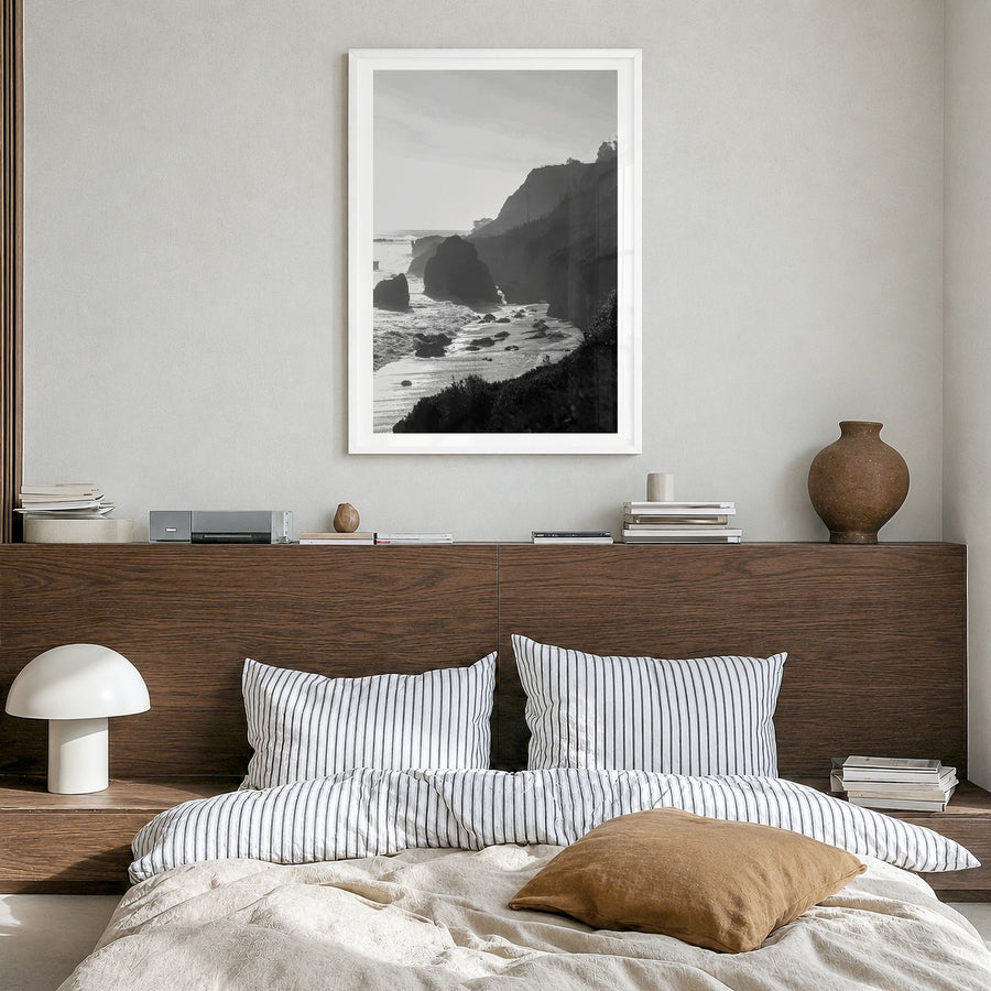 Malibu Photo No 2 Poster in a white wood frame, hanging in a bedroom, white border
