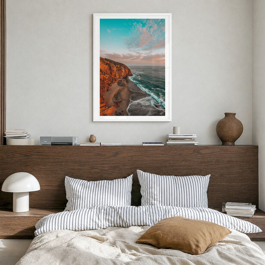 Malibu Photo No 3 Poster in a white wood frame, hanging in a bedroom, white border