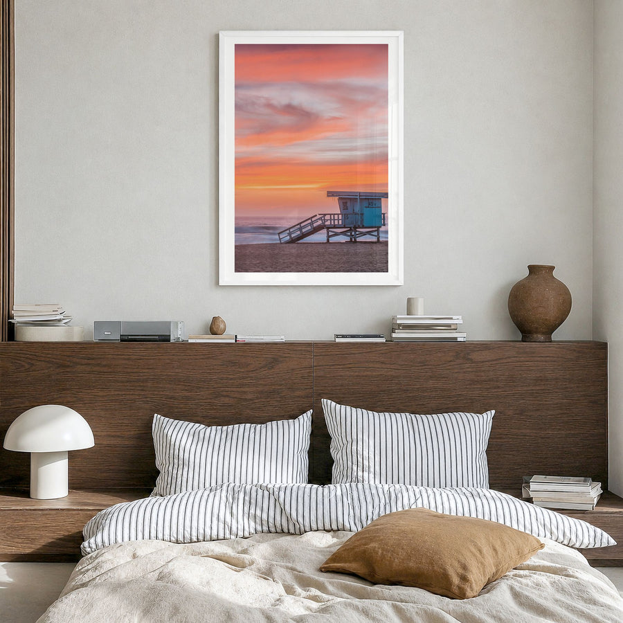 Malibu Photo No 4 Poster in a white wood frame, hanging in a bedroom, white border