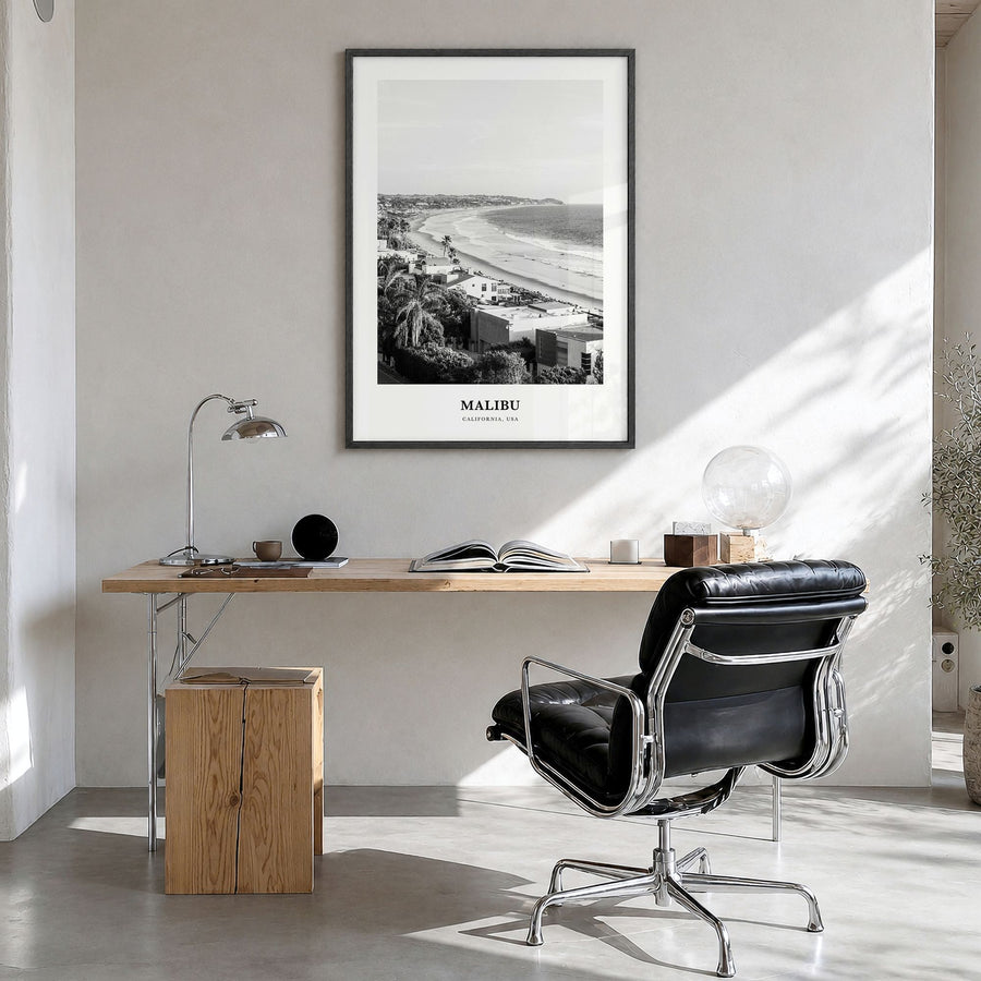 Malibu Classic No 2 Poster in a black wood frame, hanging in a bright home office
