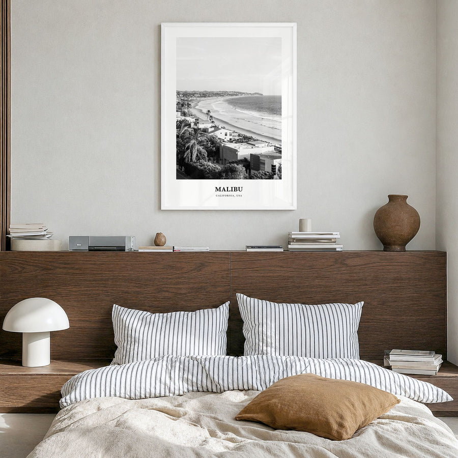 Malibu Classic No 2 Poster in a white wood frame, hanging in a bedroom