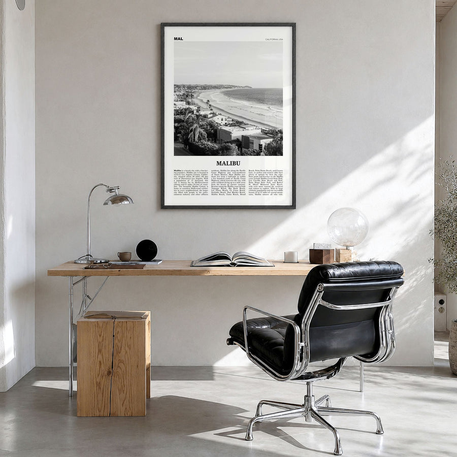 Malibu Newspaper No 2 Poster in a black wood frame, hanging in a bright home office