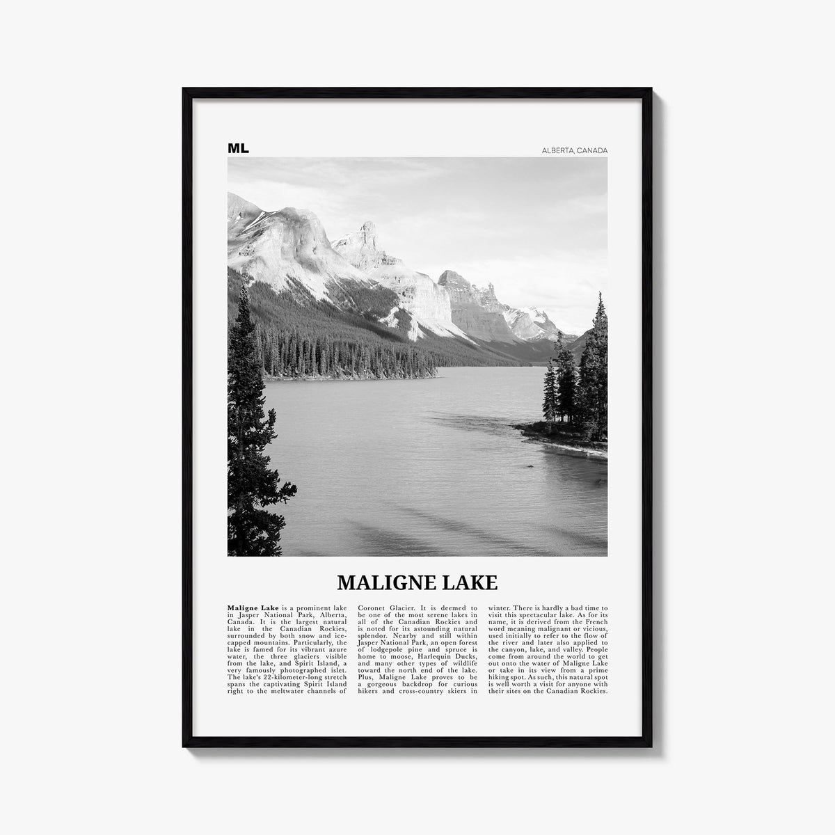 Maligne Lake black & white newspaper poster of Canada – vertical wall art, unframed print shown in interior mockup