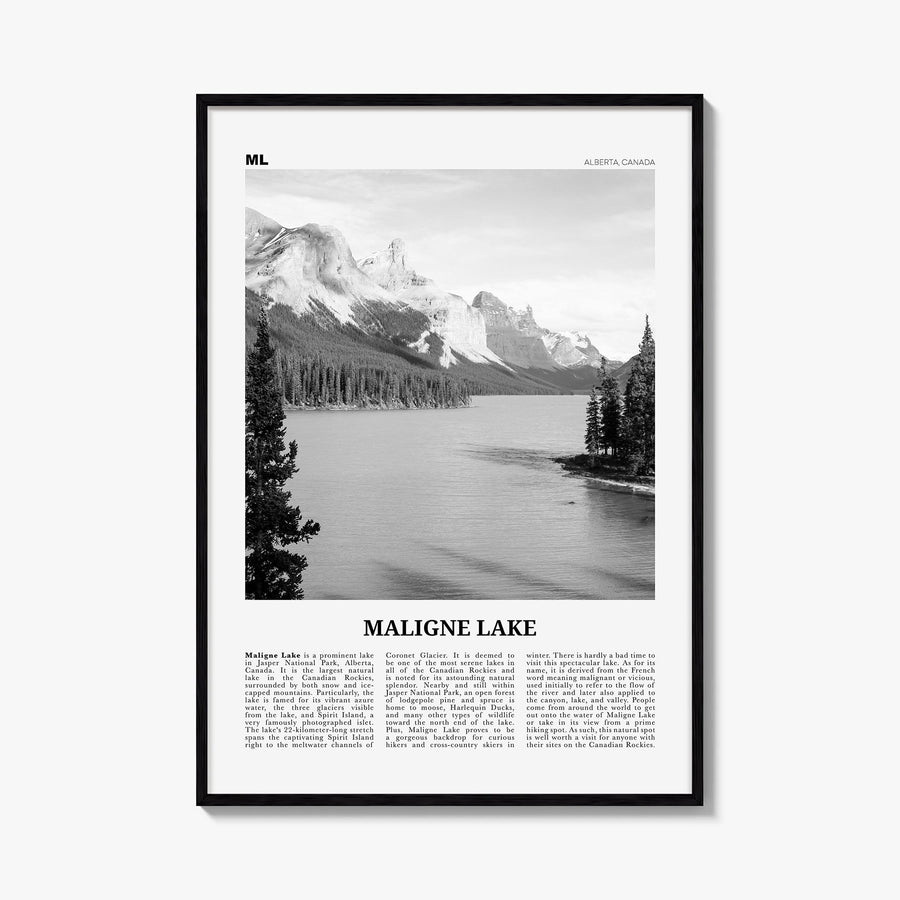 Maligne Lake black & white newspaper poster of Canada – vertical wall art, unframed print shown in interior mockup