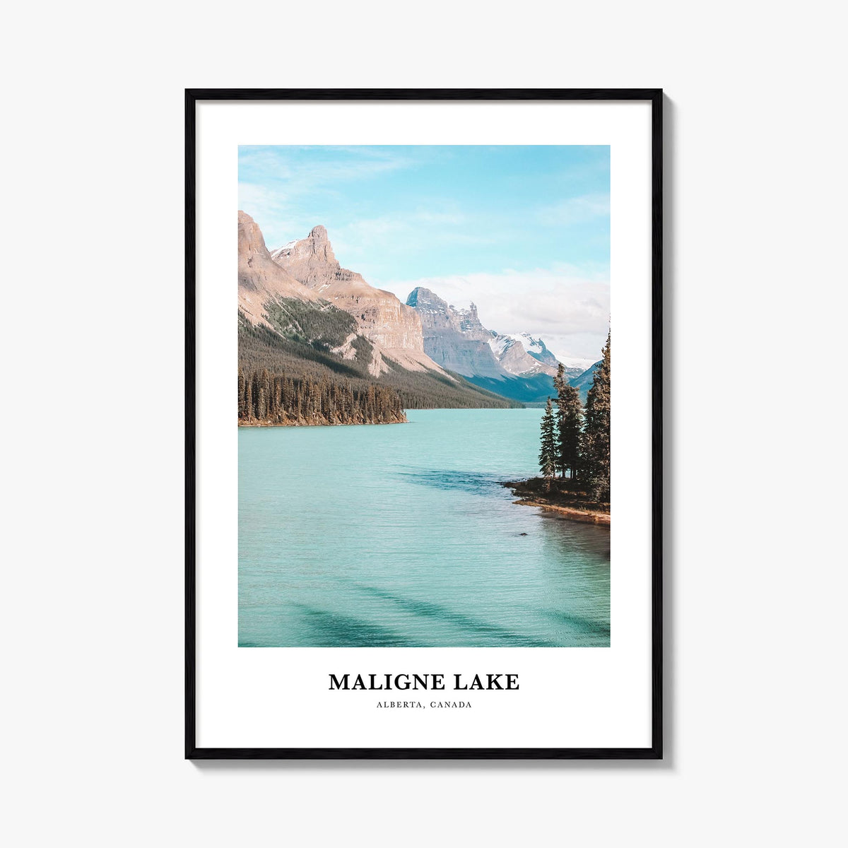 Maligne Lake colorful classic poster of Canada – vertical wall art, unframed print shown in interior mockup