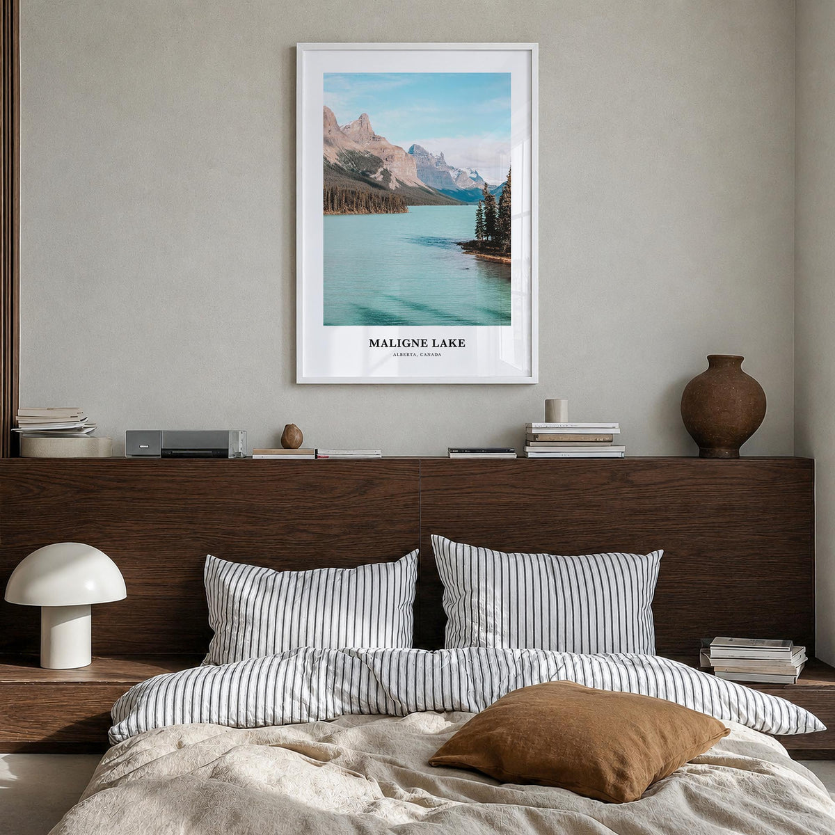 Maligne Lake colorful classic poster of Canada – vertical wall art in white wood frame, hanging on wall