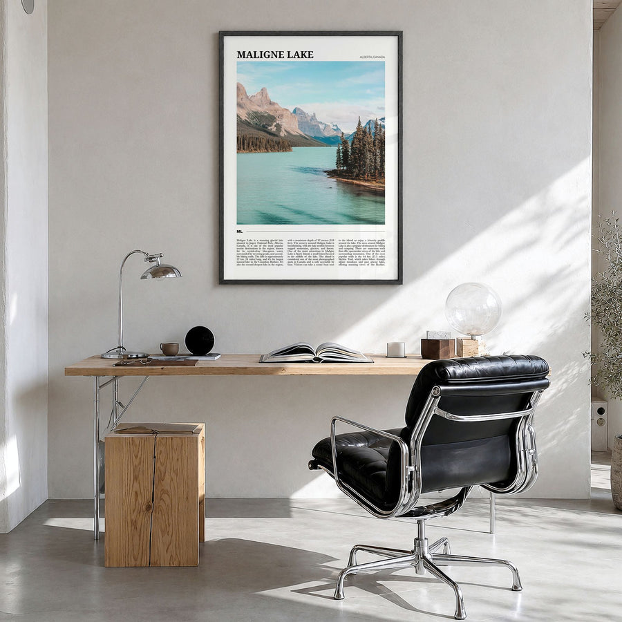 Maligne Lake Travel Poster in a black wood frame, hanging in a bright home office