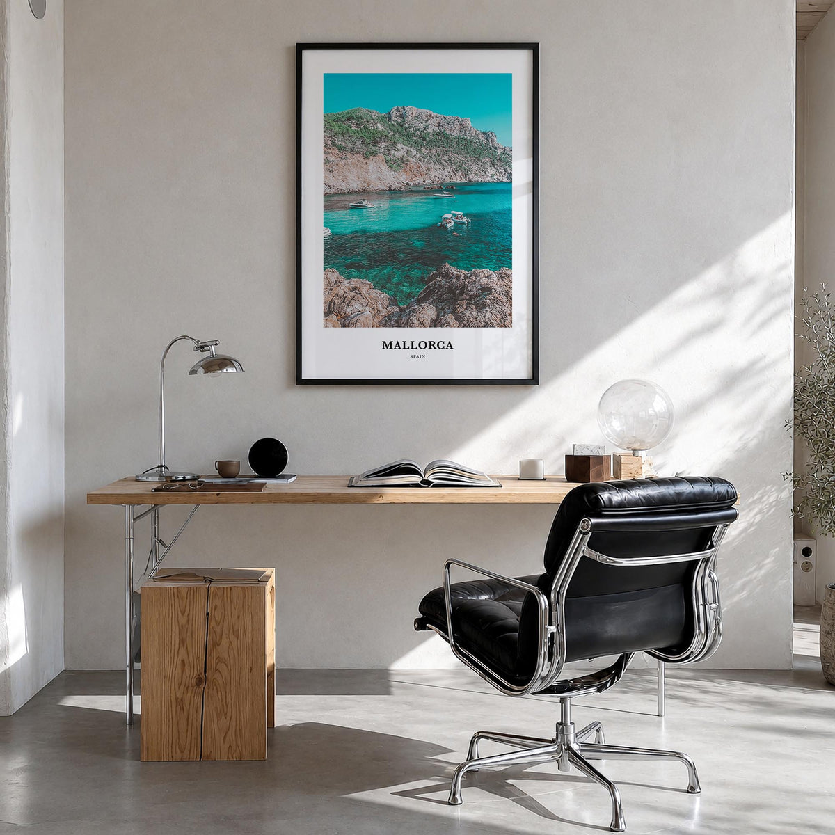 Mallorca colorful classic poster of Spain – vertical wall art in black wood frame, hanging on wall