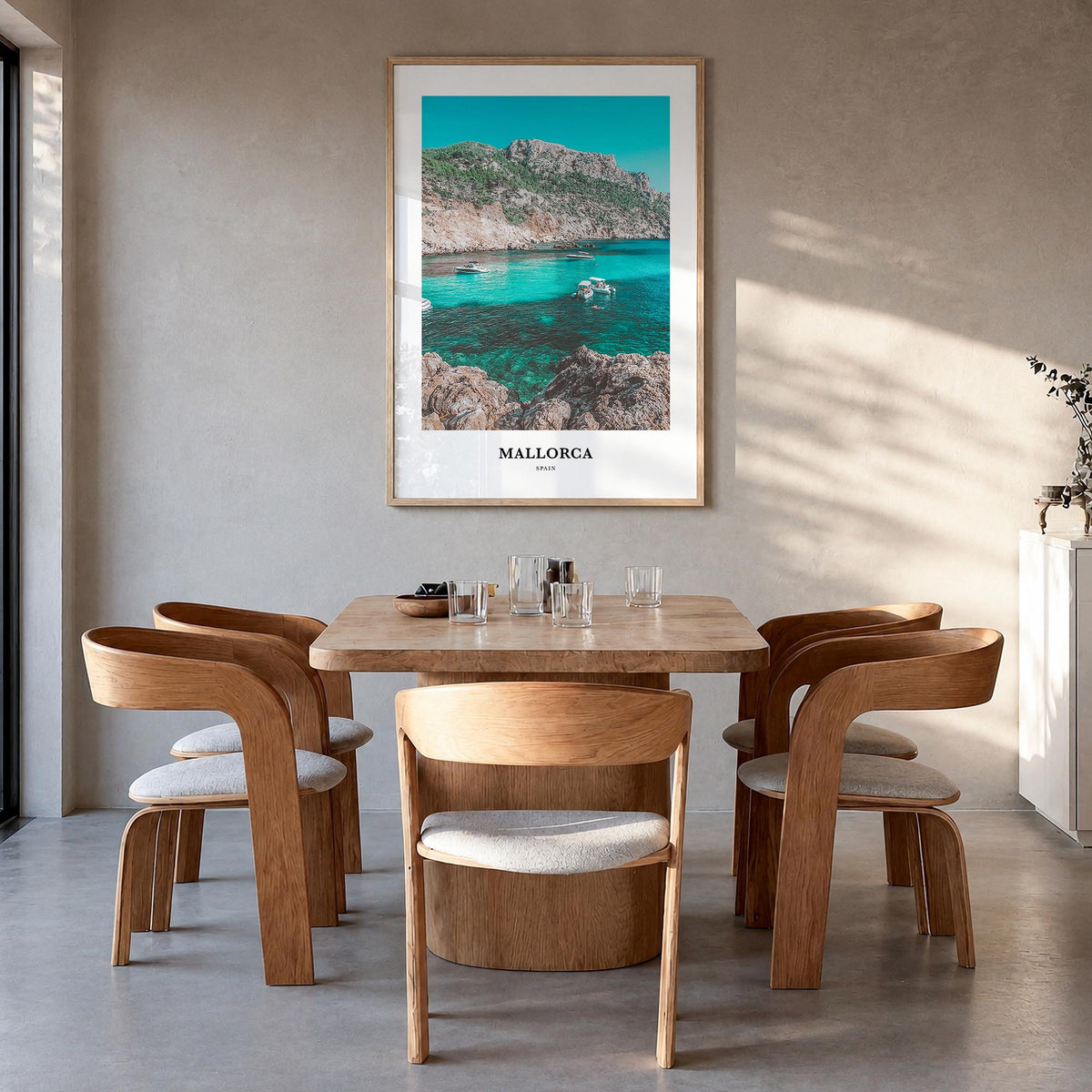 Mallorca colorful classic poster of Spain – vertical wall art in natural wood frame, hanging on wall