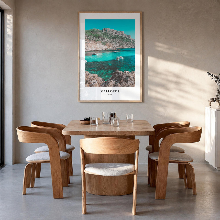 Mallorca colorful classic poster of Spain – vertical wall art in natural wood frame, hanging on wall
