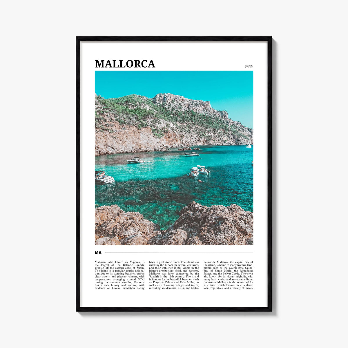 Mallorca colorful travel poster of Spain – vertical wall art, unframed print shown in interior mockup