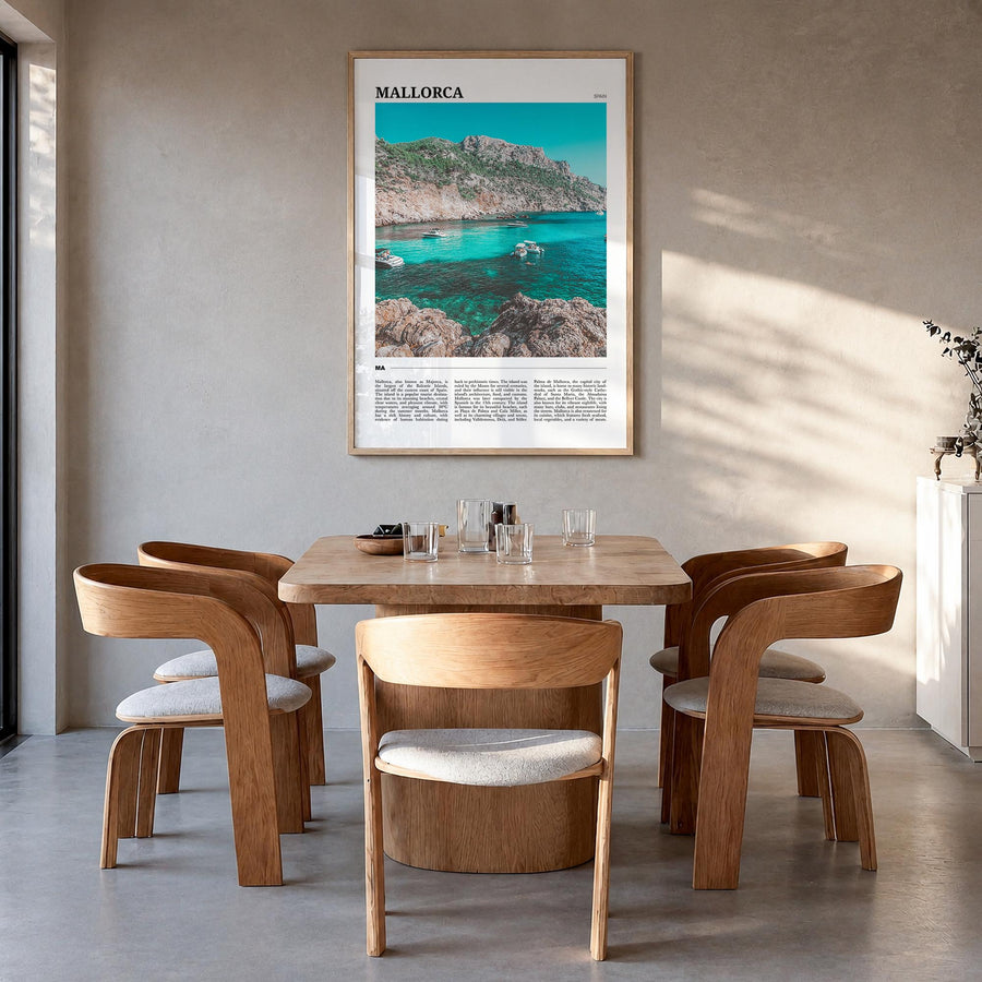 Mallorca colorful travel poster of Spain – vertical wall art in natural wood frame, hanging on wall