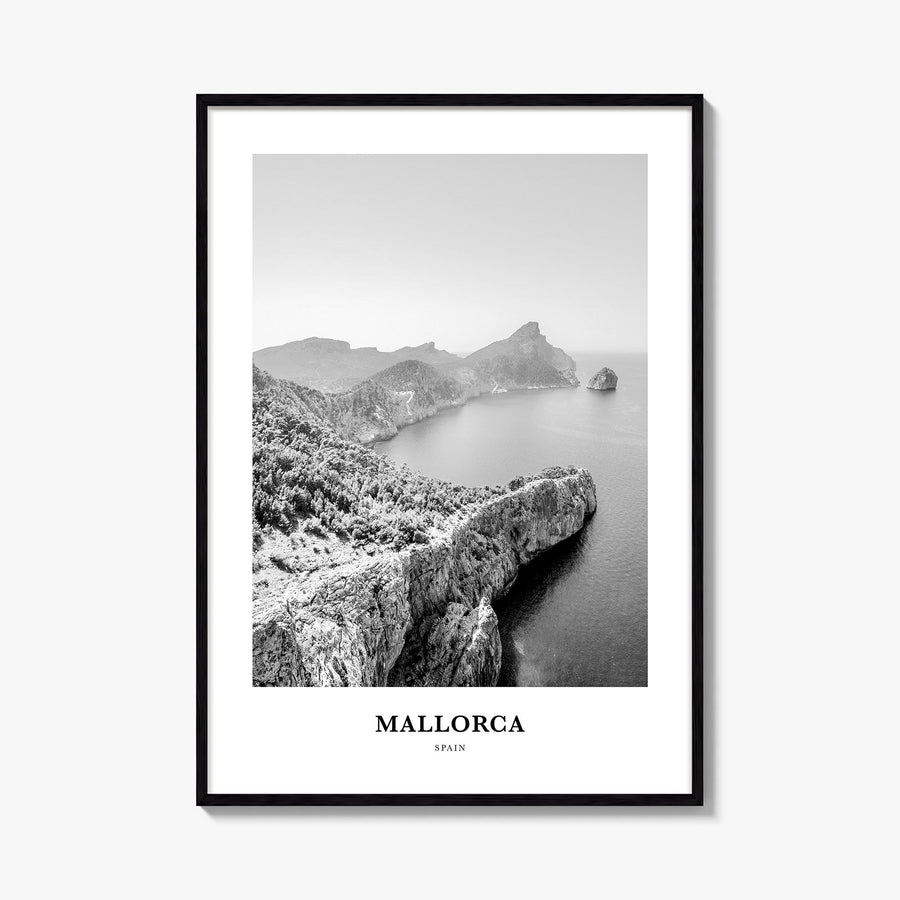 Mallorca no. 1 black & white classic poster of Spain – vertical wall art, unframed print shown in interior mockup