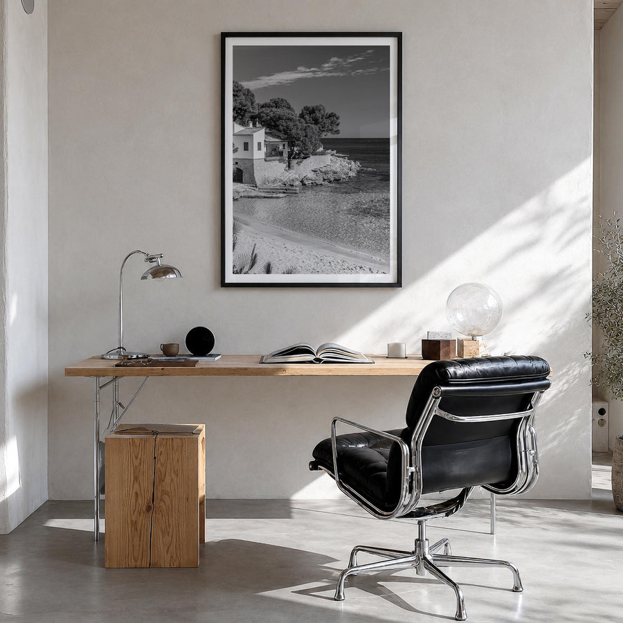 Mallorca no. 2 colorful photo poster of Spain – vertical wall art in black wood frame with white border, hanging on wall