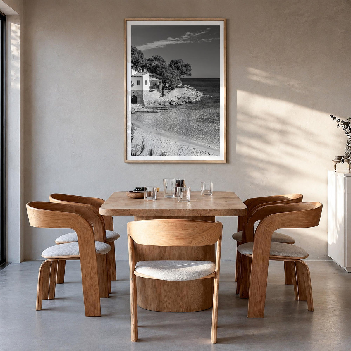 Mallorca no. 2 colorful photo poster of Spain – vertical wall art in natural wood frame with white border, hanging on wall