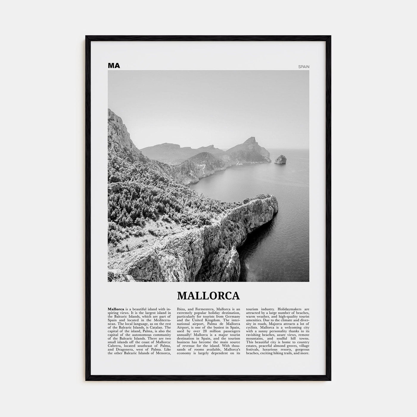 Mallorca No 1 Poster Black Wood / 8x12 in Nbourhood Travel B&W Poster