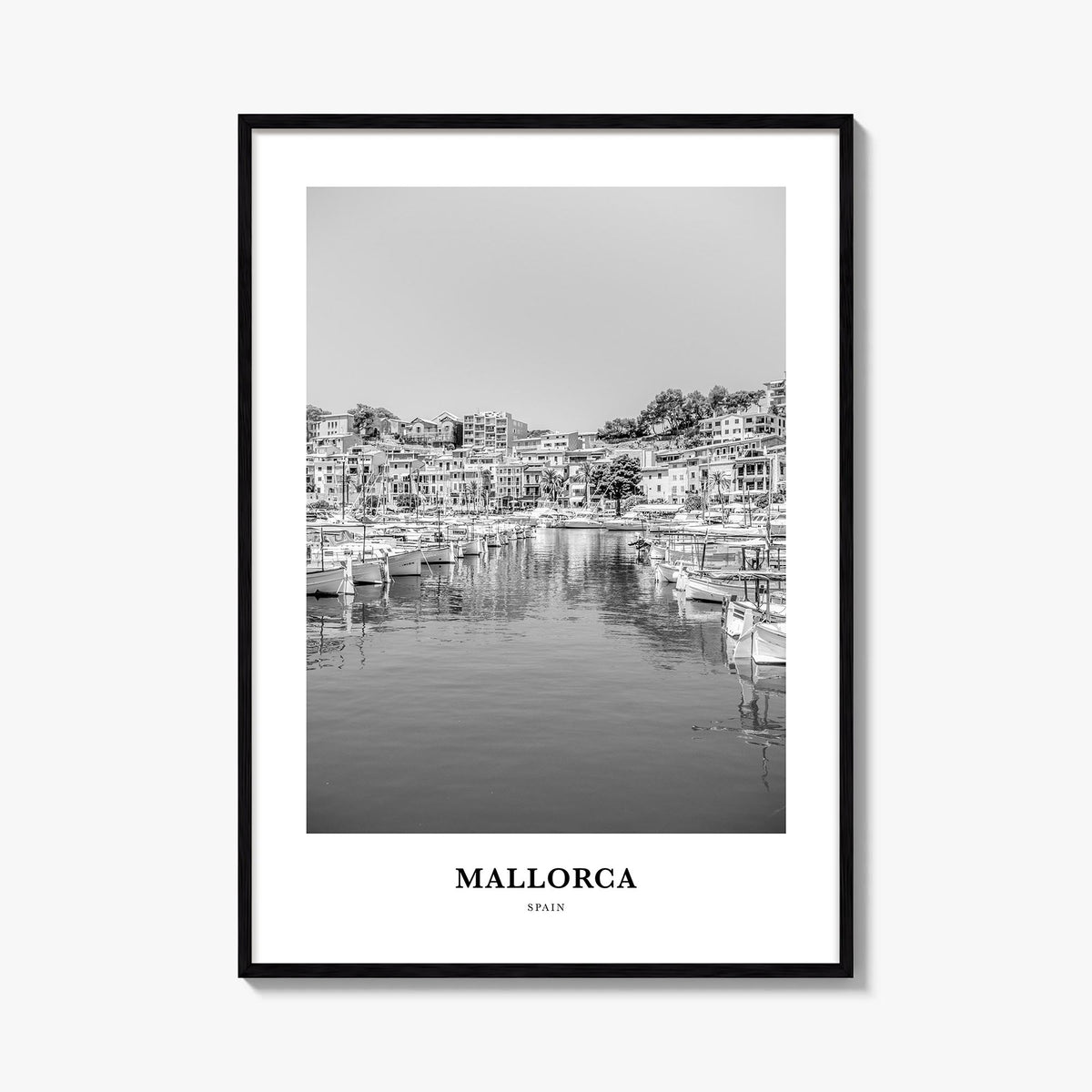 Mallorca no. 2 black & white classic poster of Spain – vertical wall art, unframed print shown in interior mockup