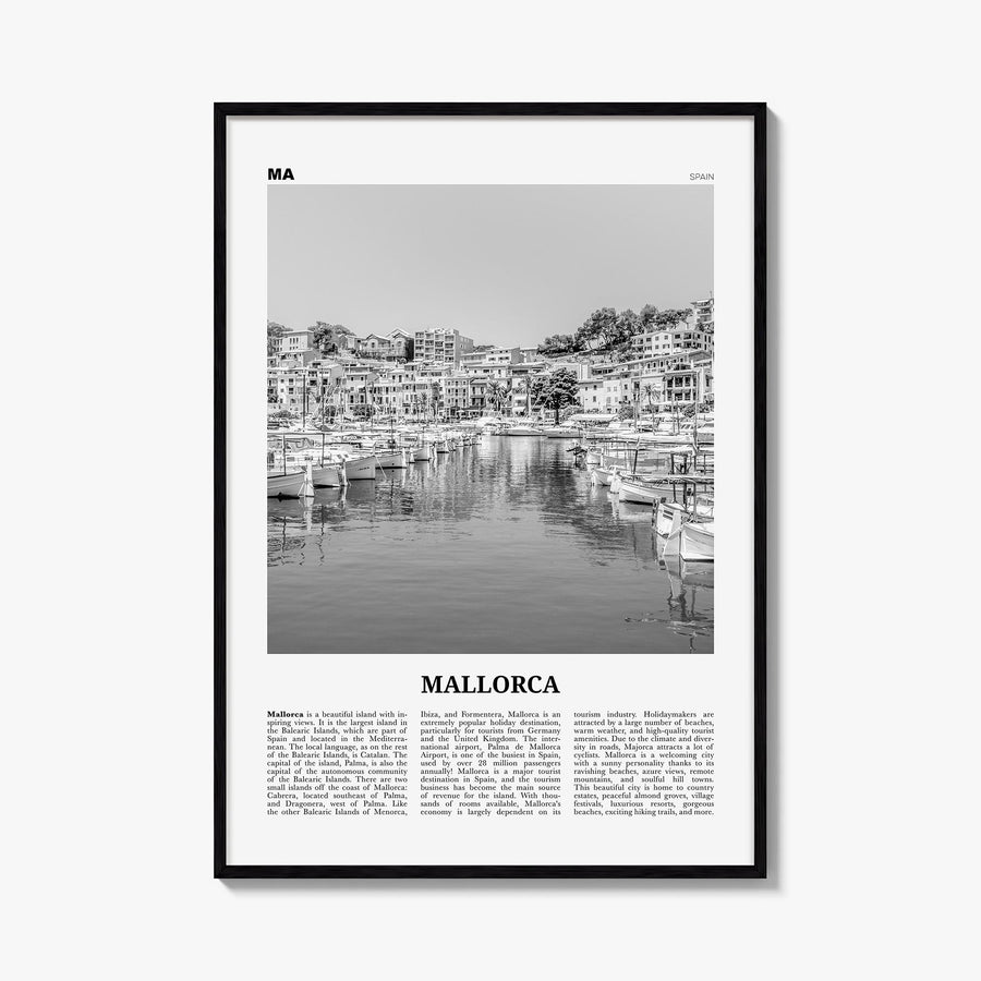 Mallorca no. 2 black & white newspaper poster of Spain – vertical wall art, unframed print shown in interior mockup
