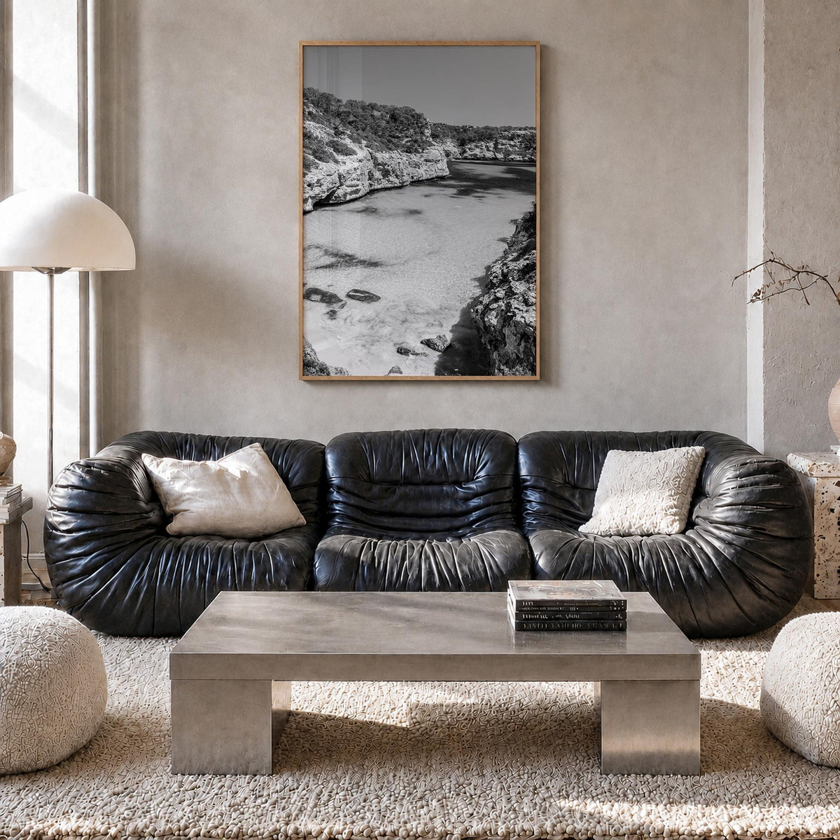 Mallorca black & white photo poster of Spain – vertical wall art in natural wood frame, hanging on wall