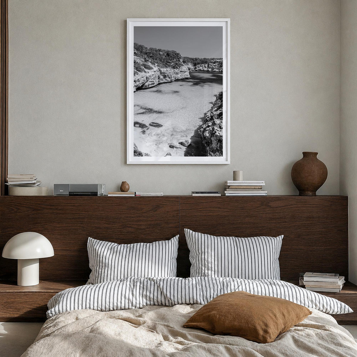 Mallorca black & white photo poster of Spain – vertical wall art in white wood frame with white border, hanging on wall