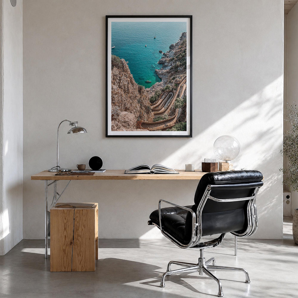 Mallorca no. 1 colorful photo poster of Spain – vertical wall art in black wood frame with white border, hanging on wall