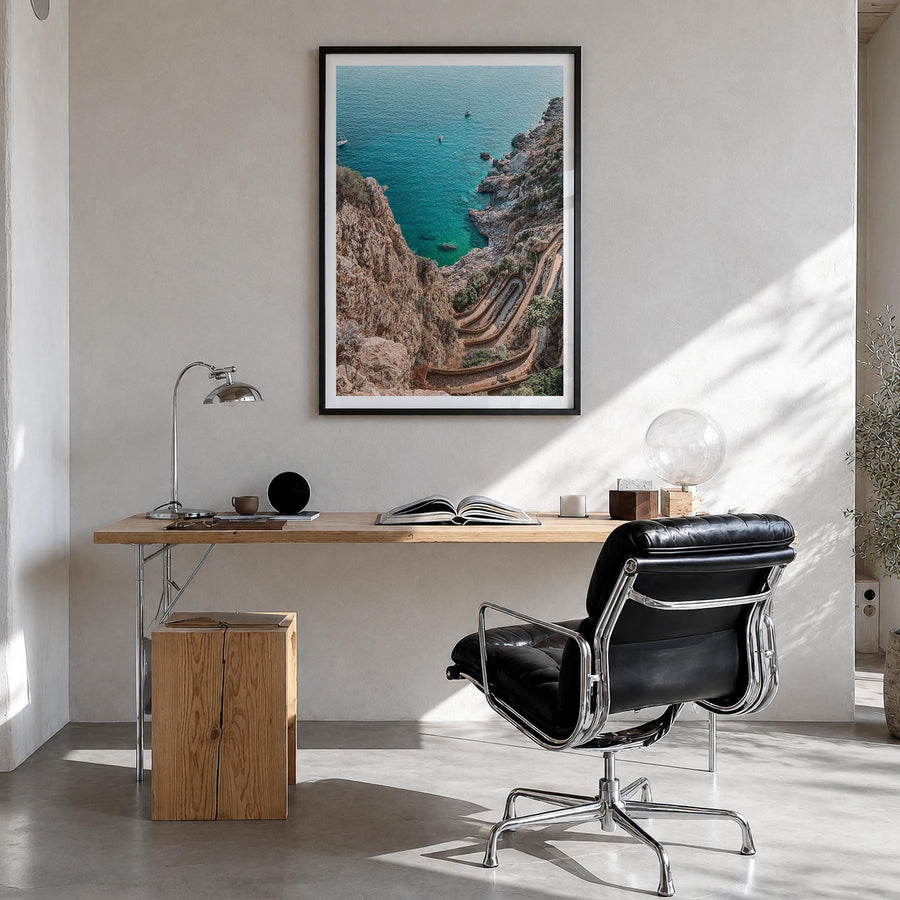 Mallorca no. 1 colorful photo poster of Spain – vertical wall art in black wood frame with white border, hanging on wall