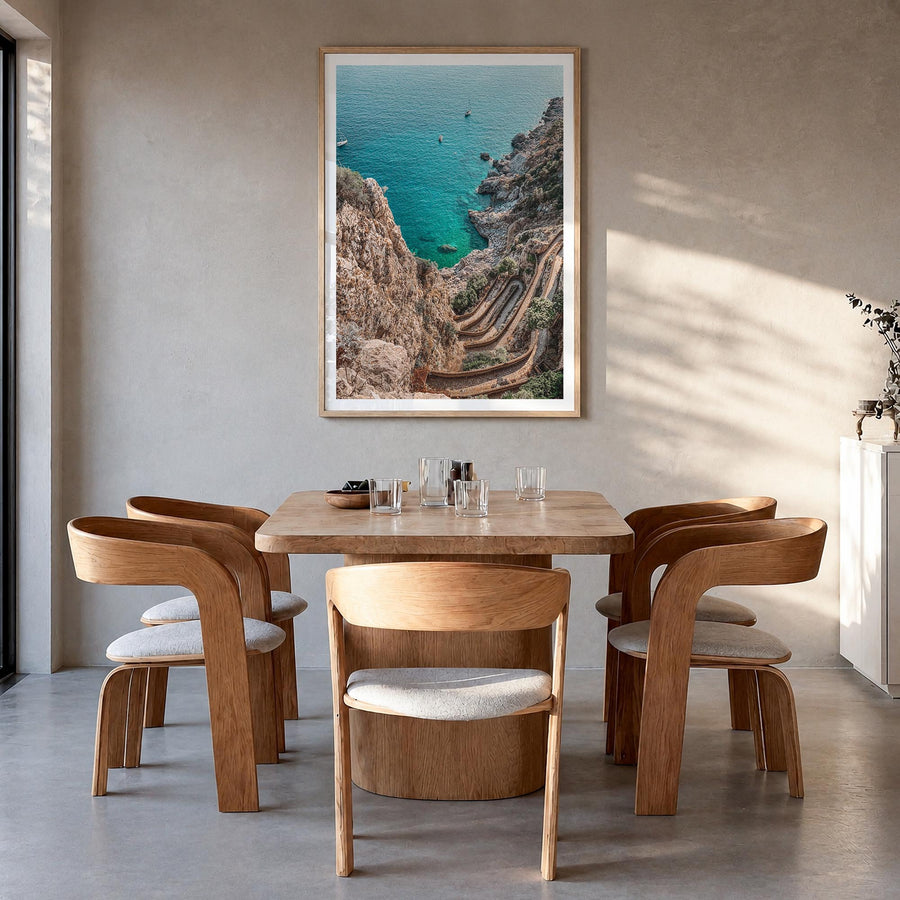 Mallorca no. 1 colorful photo poster of Spain – vertical wall art in natural wood frame with white border, hanging on wall