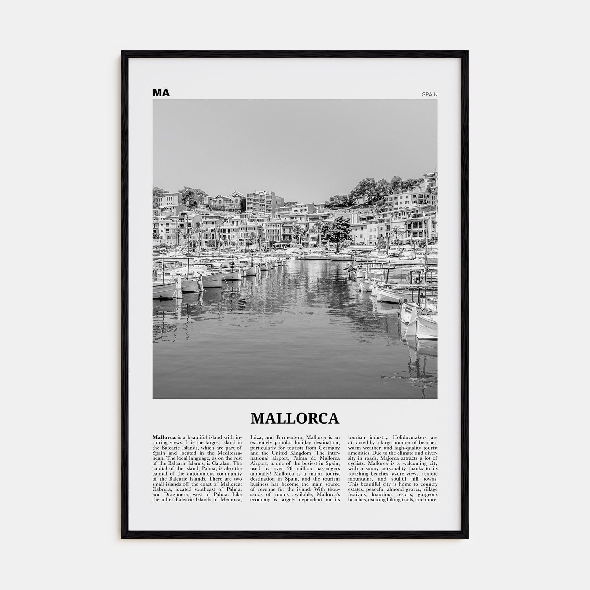 Mallorca No 2 Poster Black Wood / 8x12 in Nbourhood Travel B&W Poster