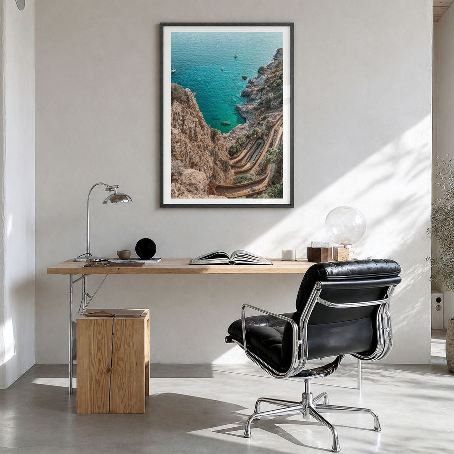 Mallorca Photo No 2 Poster in a black wood frame, hanging in a bright home office, white border