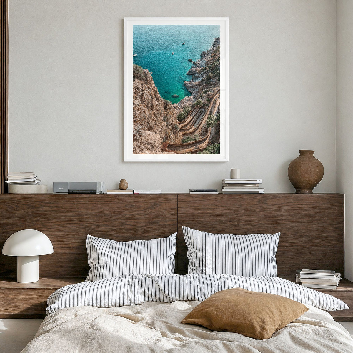 Mallorca Photo No 2 Poster in a white wood frame, hanging in a bedroom, white border