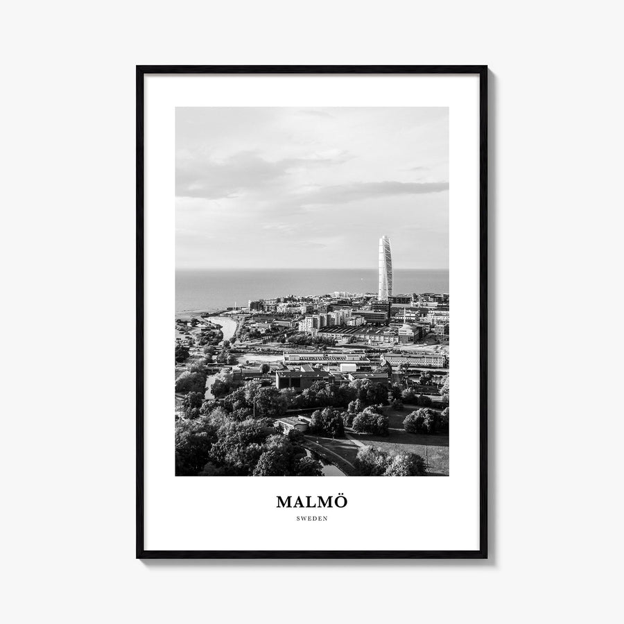 Malmö black & white classic poster of Sweden – vertical wall art, unframed print shown in interior mockup