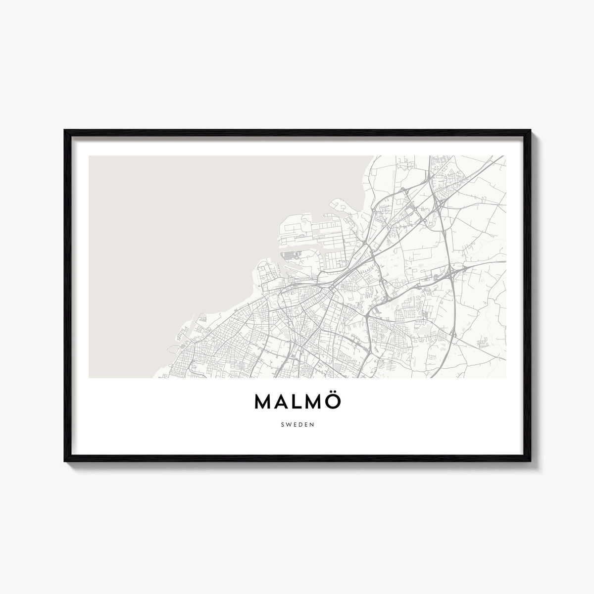 Malmö black & white map poster of Sweden – horizontal wall art, unframed print shown in interior mockup