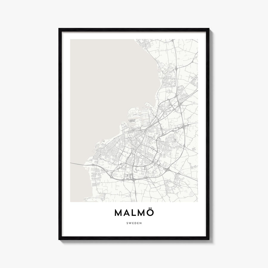 Malmö black & white map poster of Sweden – vertical wall art, unframed print shown in interior mockup