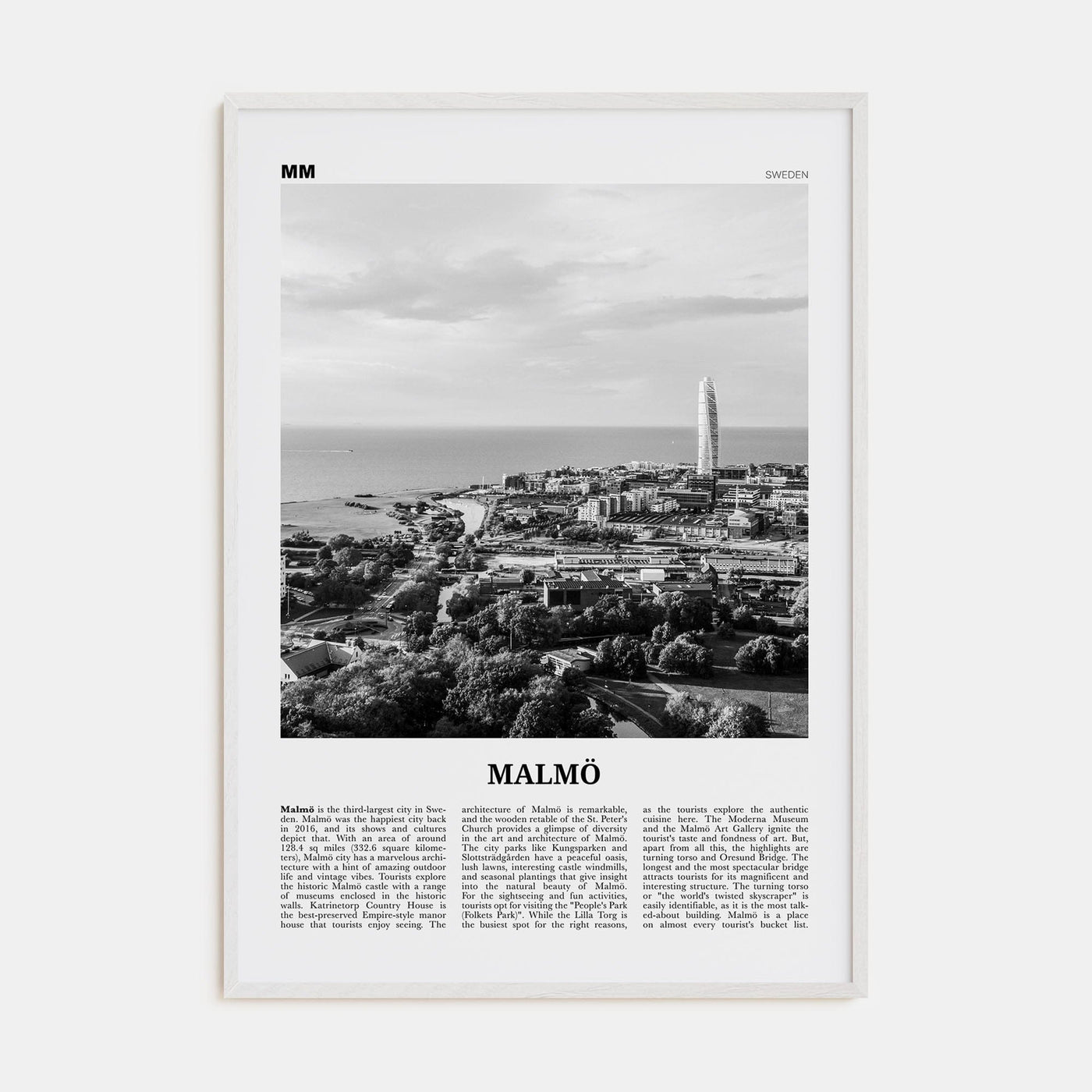 Malmö Poster White Wood / 8x12 in Nbourhood Travel B&W Poster