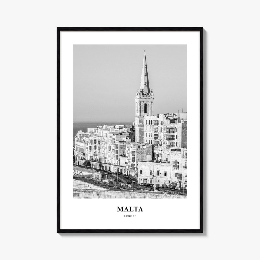 Malta black & white classic poster of Europe – vertical wall art, unframed print shown in interior mockup