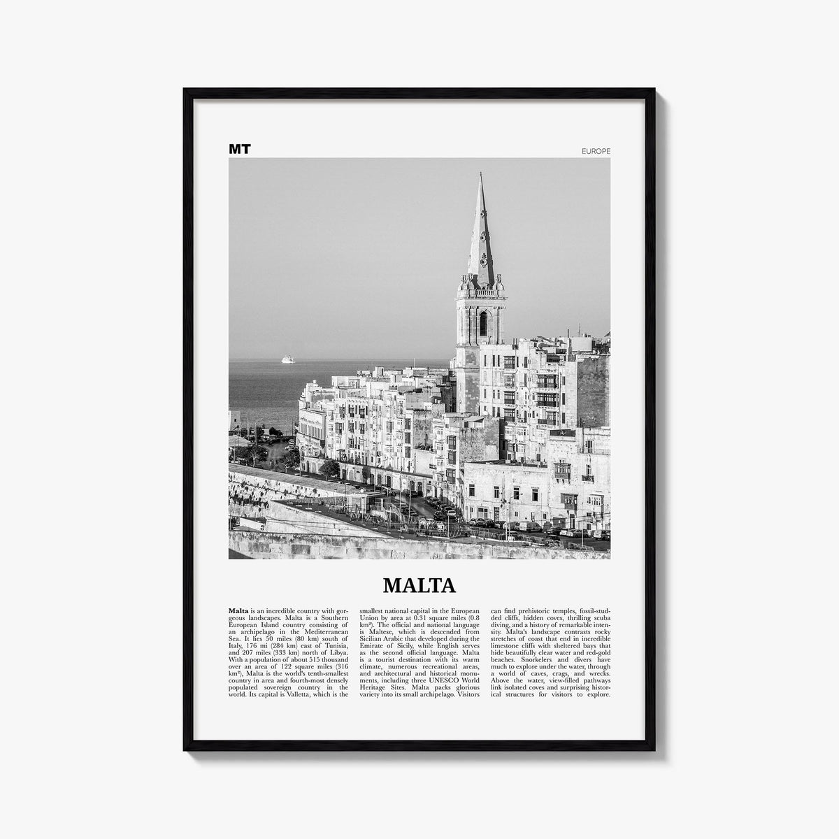 Malta black & white newspaper poster of Europe – vertical wall art, unframed print shown in interior mockup