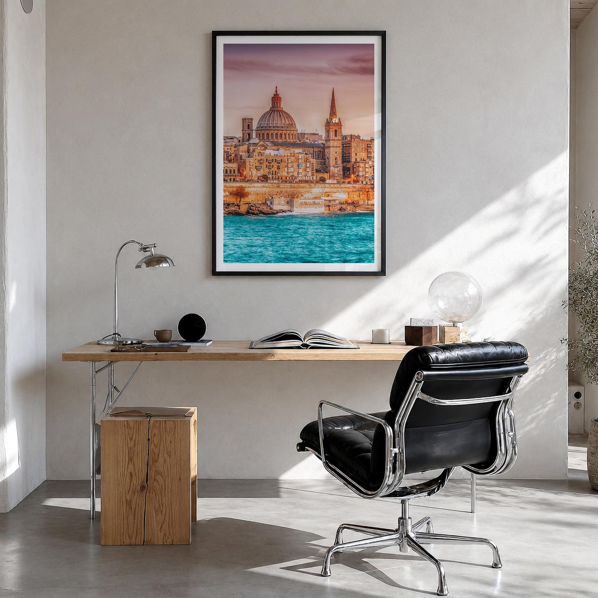 Malta colorful photo poster of Europe – vertical wall art in black wood frame with white border, hanging on wall