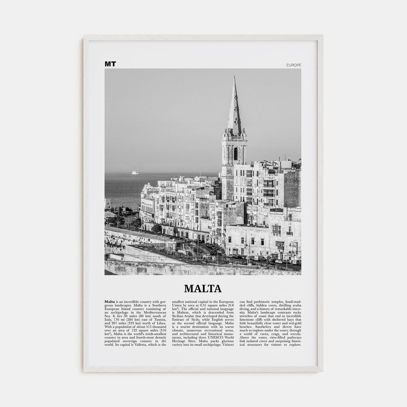 Malta Poster White Wood / 8x12 in Nbourhood Travel B&W Poster