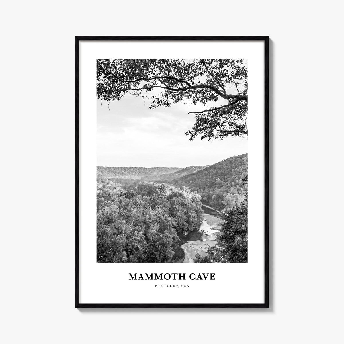 Mammoth Cave black & white classic poster of Kentucky, USA – vertical wall art, unframed print shown in interior mockup