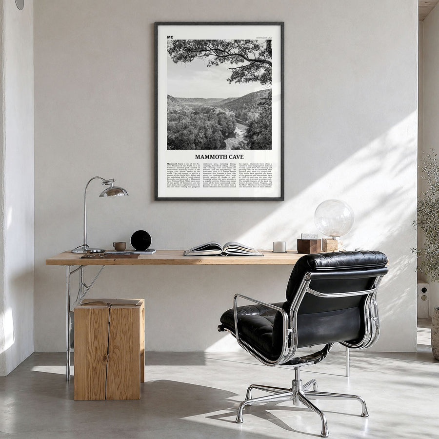 Mammoth Cave Newspaper Poster in a black wood frame, hanging in a bright home office
