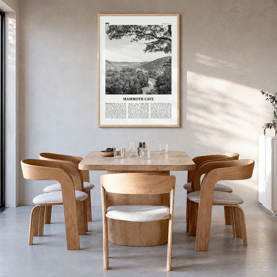 Mammoth Cave Newspaper Poster in a natural wood frame, hanging in a dining room