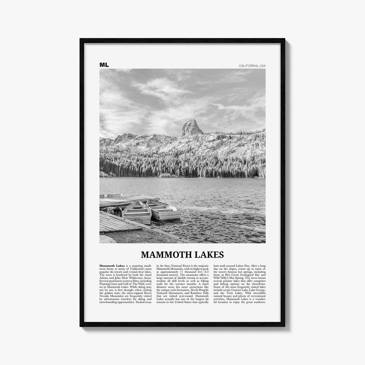 Mammoth Lakes black & white newspaper poster of California, USA – vertical wall art, unframed print shown in interior mockup